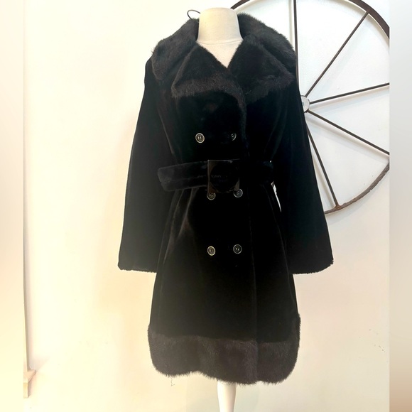 Vintage 1970s Temptierra Pile black faux fur double breasted mid length coat - Picture 1 of 11